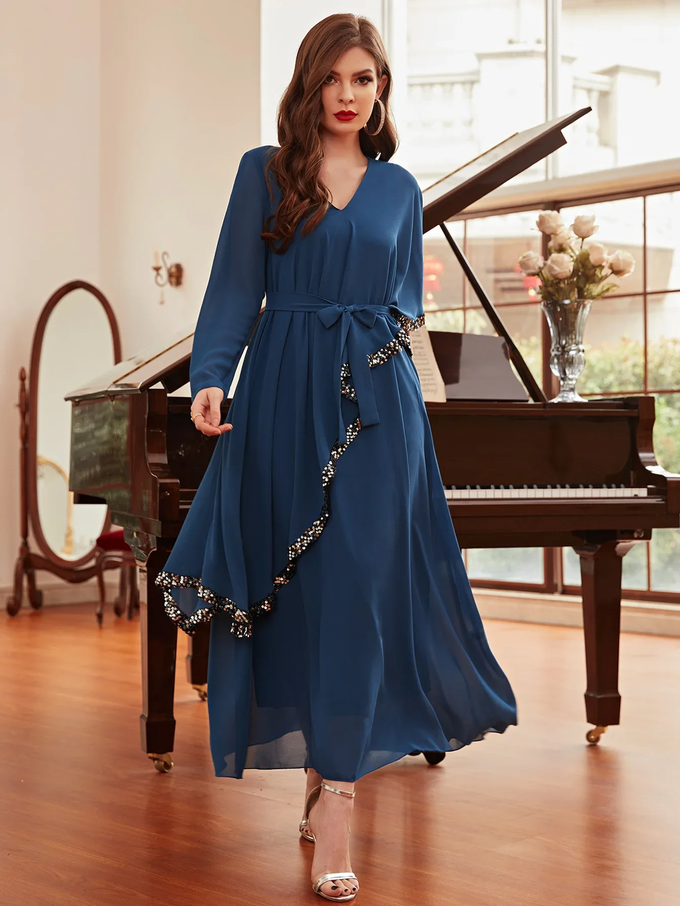 Luxury Women Chiffon Long Dress Sequins Irregular Sleeve Party Evening Wedding Robe V-neck Abaya Islamic Arab Middle East Gown