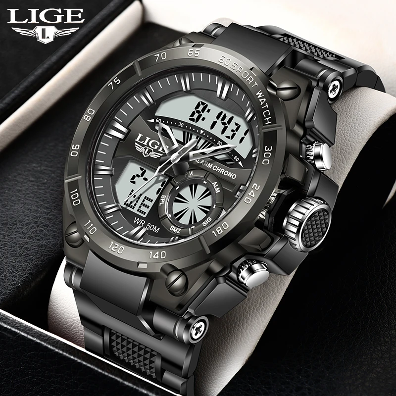 

LIGE Sport Military Quartz Man Electronic Watch 50M Waterproof Digital Alarm Watch for Men Fashion Luxury Silicone Men Clock+Box