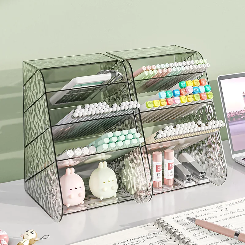 Large Capacity Slanted Pen Holder Transparent Desktop Organizer Students Desk Storage Stationery Organizer Compartments