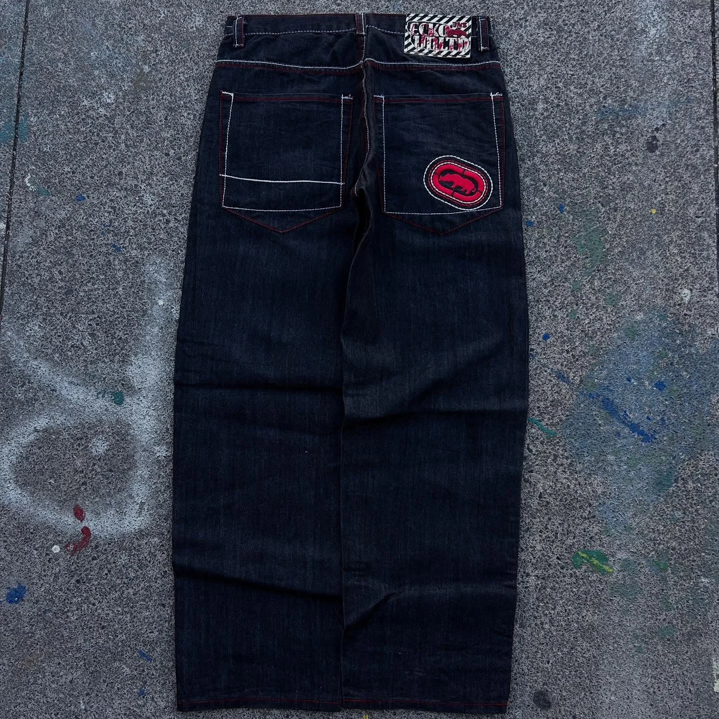 Y2K ECKO Jeans Mens American Vintage Hip-Hop Wide-Leg Pants Harajuku Hip-Hop Gothic Rock Couple Straight Pants 3