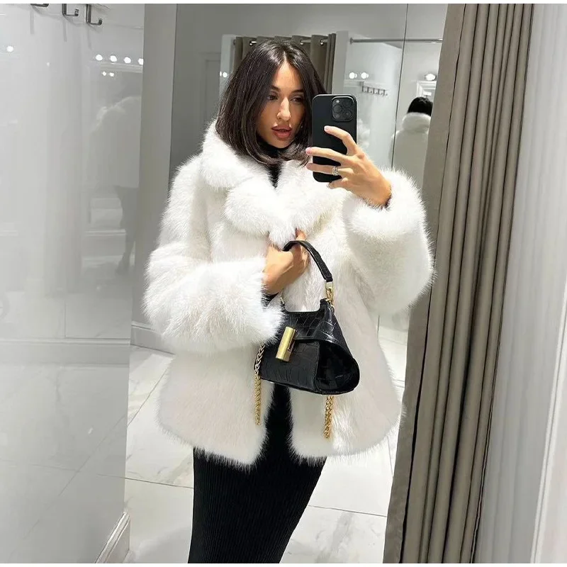 Fluffy Faux Fur Coat Women Elegant Loose Lapel Plush Long Sleeve Buckle Thick Jacket Autumn Winter Solid Warm Overcoat New