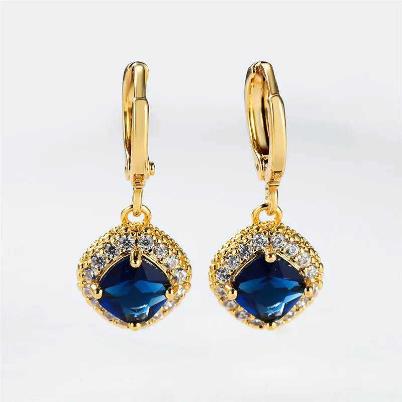 Blue Zircon Square Stone Hoop Earrings Female Luxury Crystal Wedding Earrings Vintage Gold Color Bridal Earrings For Women Gifts