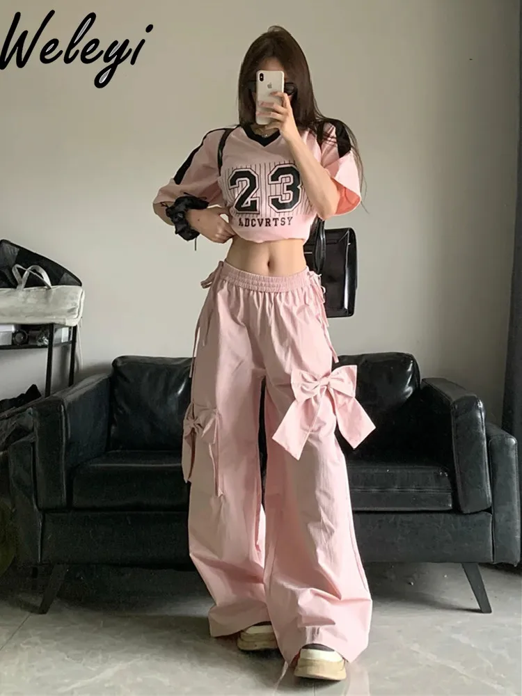 Woman Cute Casual Pants 2024 Spring Summer New American Fashion Sweet Cool Style Pink Bow Loose Straight Wide Leg Workwear Pants