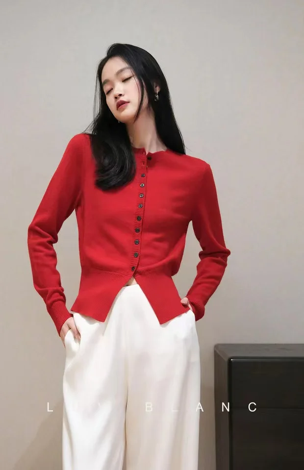2022 Spring and Autumn round collar waist slit long sleeves 100% pure wool cardigan coat