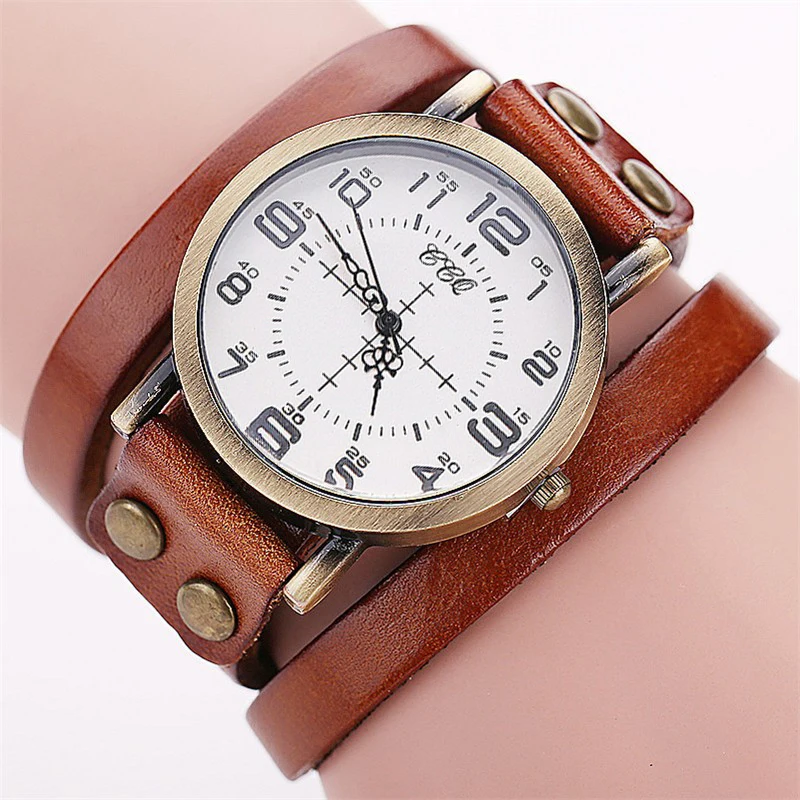 1pc Women's Watch Fashion Round Dial Retro Leather Strap Quartz Watch