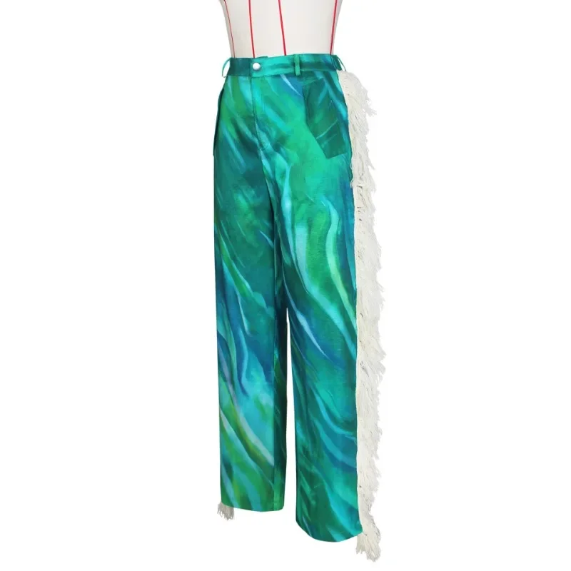 Side Tassel Print Women Casual Pants Button Fly Elastic High Waist Pockets Slim Straight Trousers Fashion Streetwear Bottoms
