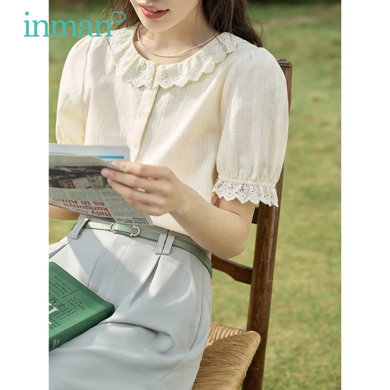 INMAN Women Blouse 2023 Summer Puff Sleeve Hollow Lace Ruffled Round Neck Slim Shirts Pure Cotton Comfort Fashion Literary Tops