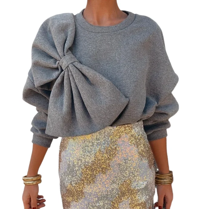 Fashion Women Sweaters 2023 Winter New Versatile Basic Round Neck Grey Bow Design Casual Loose Sweater Temperament Commuting