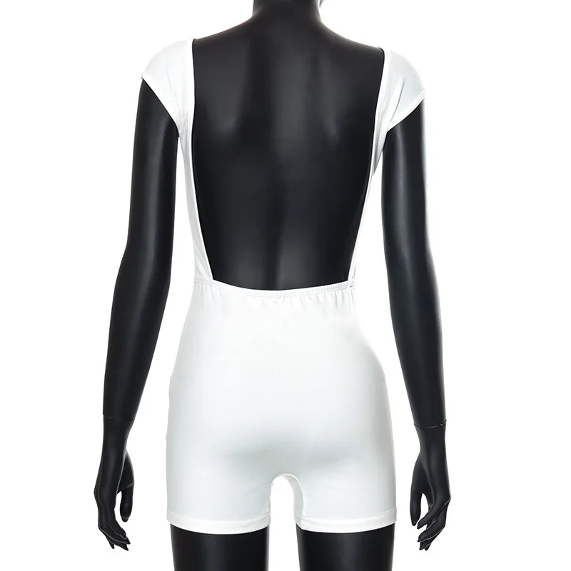 Mono corto ajustado blanco sin espalda para mujer, mono informal de manga corta, mono ajustado con hombros descubiertos, mono informal
