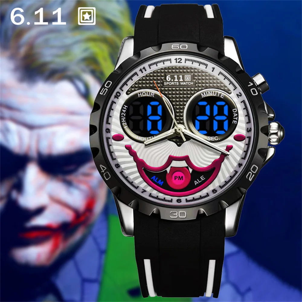 New Cool Joker Digital Watch for Men Waterproof Electronic LED Blue Light Dual Display Watches Clown Dial Mens Sports Watch Gift