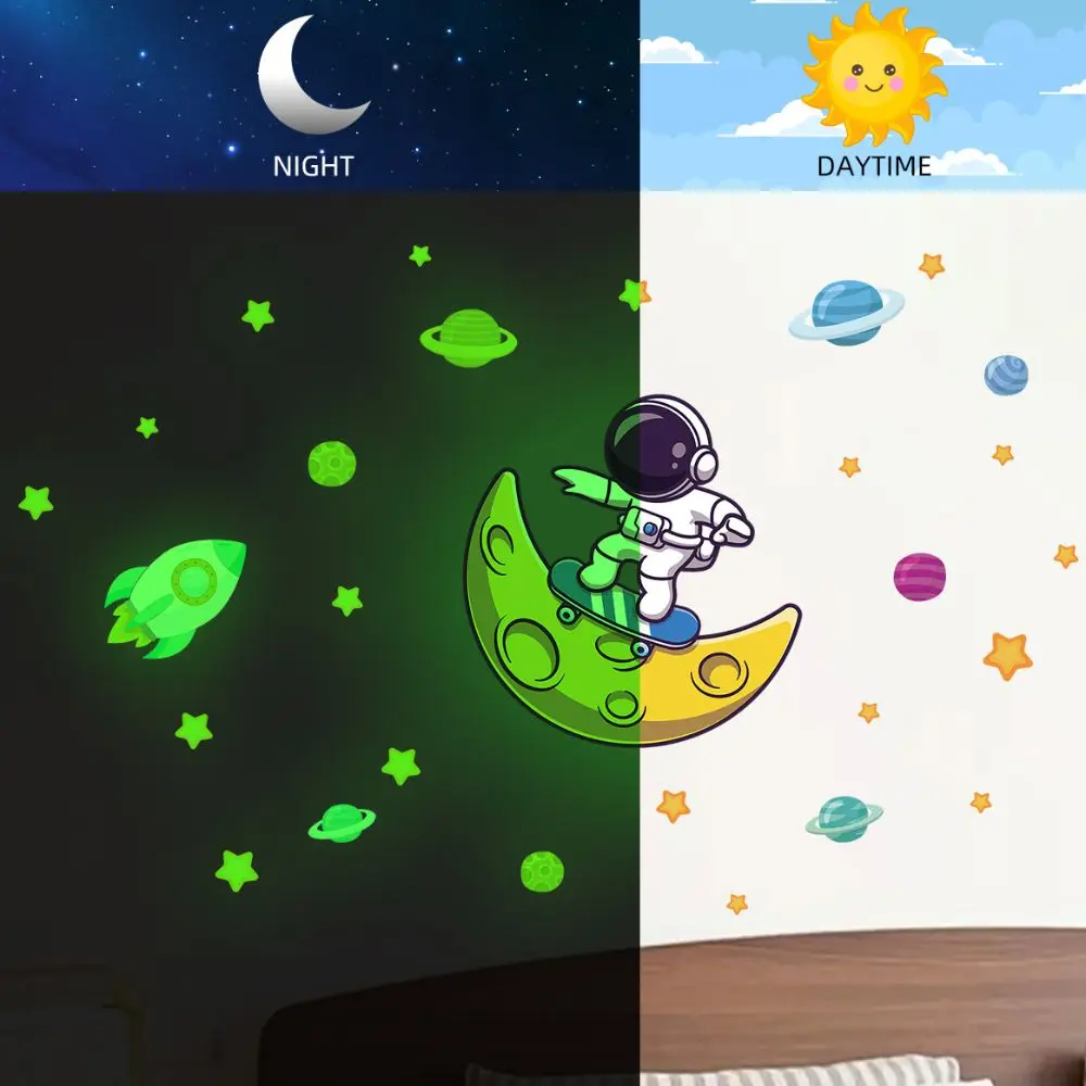 1PC 3D Cartoon Luminous Wall Stickers Glow In The Dark Astronaut Dark Wall Stickers Planet Decals Kids Room Decor