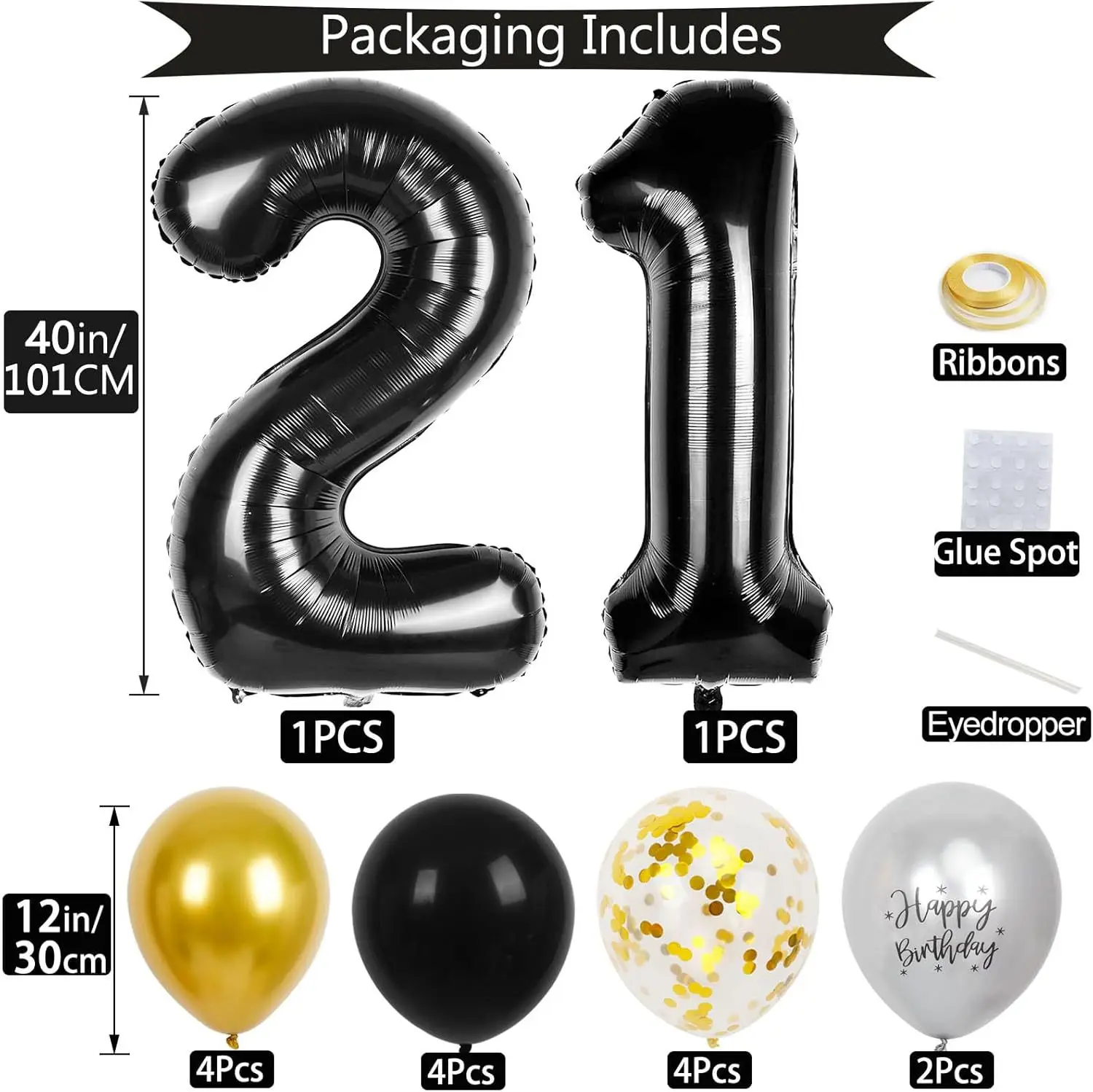 40 Zoll Schwarze Große Zahlen 16/18/21/30/40/50/60 Jahre Set mit Glitzer-Latexballons für Erwachsene Männer Geburtstagsdekoration – Detail 4