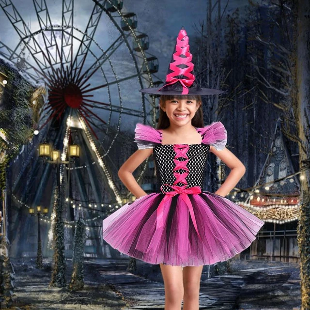 Costume de Sorcière d'Halloween avec Chapeau et Balai Magique pour Fille,  Ensemble avec Jupe de Princesse, Fournitures de ix