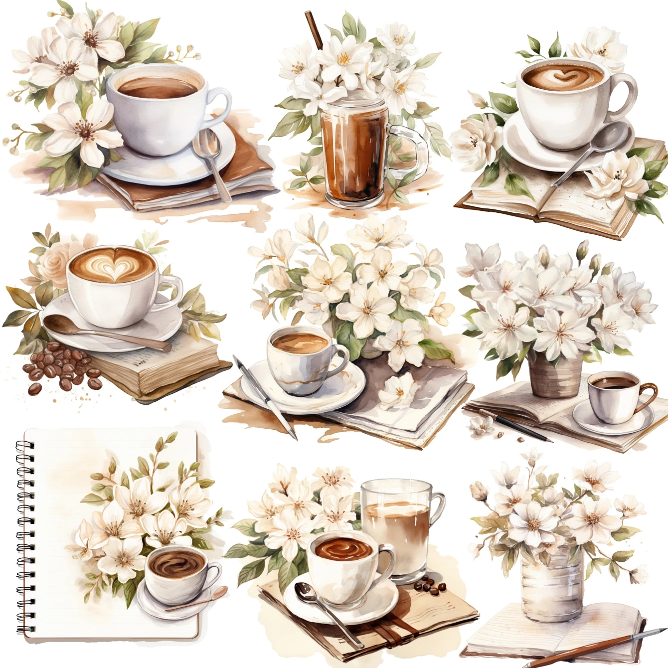 16 Stück kreative selbstgemachte Aquarellblumen, Kaffeegetränke, Bücher, Aufkleber, Scrapbooking, Tagebuch, dekorativ, DIY-Bastel-Fotoalben