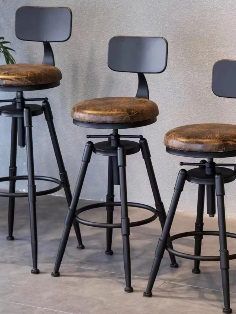 *Adjustable Modern Wrought Iron Bar Stool Circular Rotating High Chair with Backrest for Kitchen Dining Cafe Coffee Tea Shop