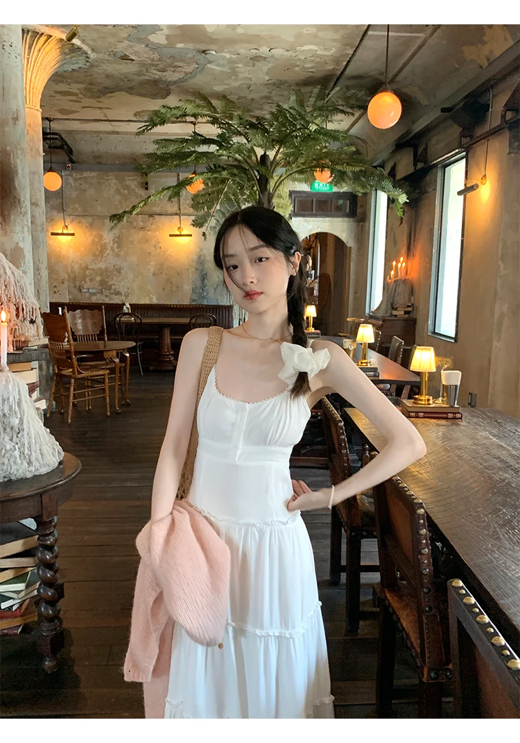 French Elegant Dresses for Women Solid Spaghetti Strap Summer New Ruffles A-line Casual Korean Chic Midi Vestidos Mujer