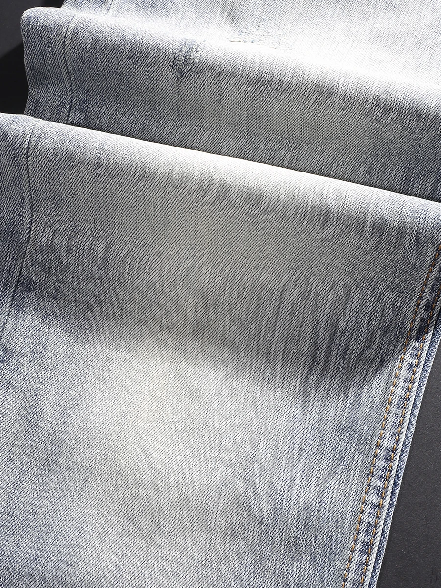 Fashionable new men's light blue high-quality jeans, elastic slim fit, vintage jeans, designer motorcycle brand pants