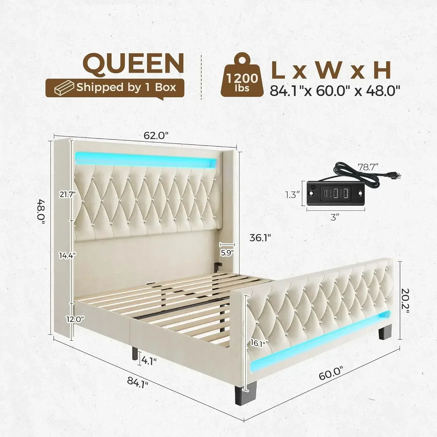 NEW-Queen Bed Frame with LED Light and Charging Station, Upholstered High Headboard and Footboard, Wood Slats, Noise Free