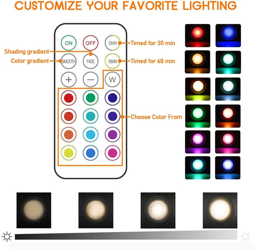 13Colors LED Under Cabinet Light Remote Control Dimmable Night Lights Touch Sensor Puck Light for Corridor Closet Wardrobe Decor