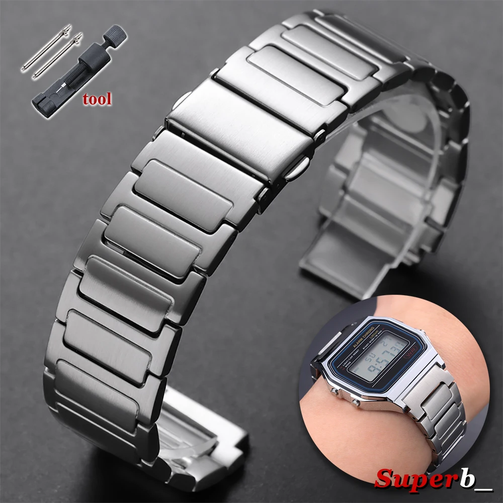 Elegant Silver & Black Stainless Steel Watch Bracelet with Butterfly Clasp
