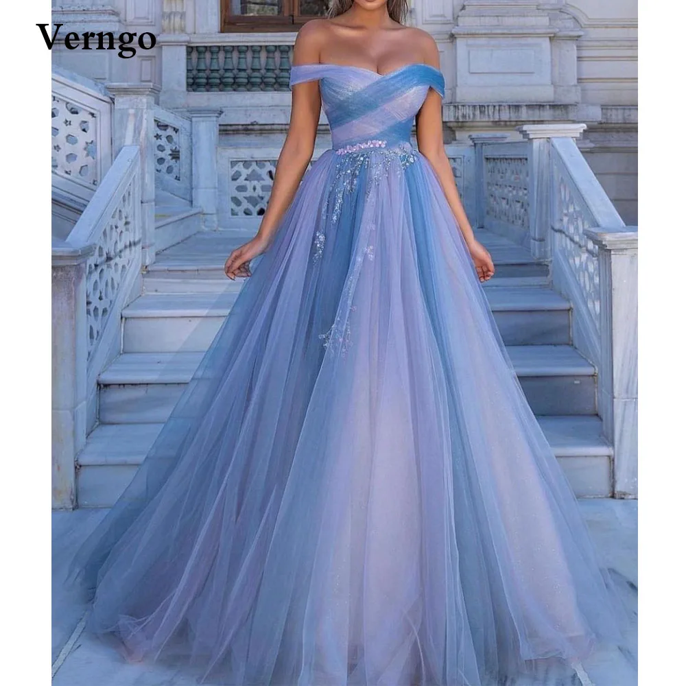 

Verngo Elegant Off the Shoulder Tulle Prom Dresses Off the Shoulder Arabic Women Formal Party Pegeant Dress Fairy Evening Gowns