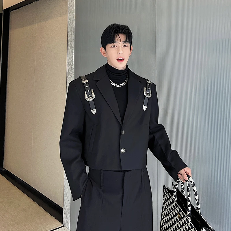Spring Autumn Lapel Long Sleeve Jackets Men's High-End Handsome Trendy Male Metal Buckle Leather Strap Design Short Suit