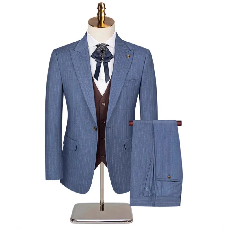 Men's Classic Formal Pinstripe Tuxedos Suits 3 Pieces Slim Fit Blazer Peak Lapel Two Button Groomsmen Wedding Dress Business