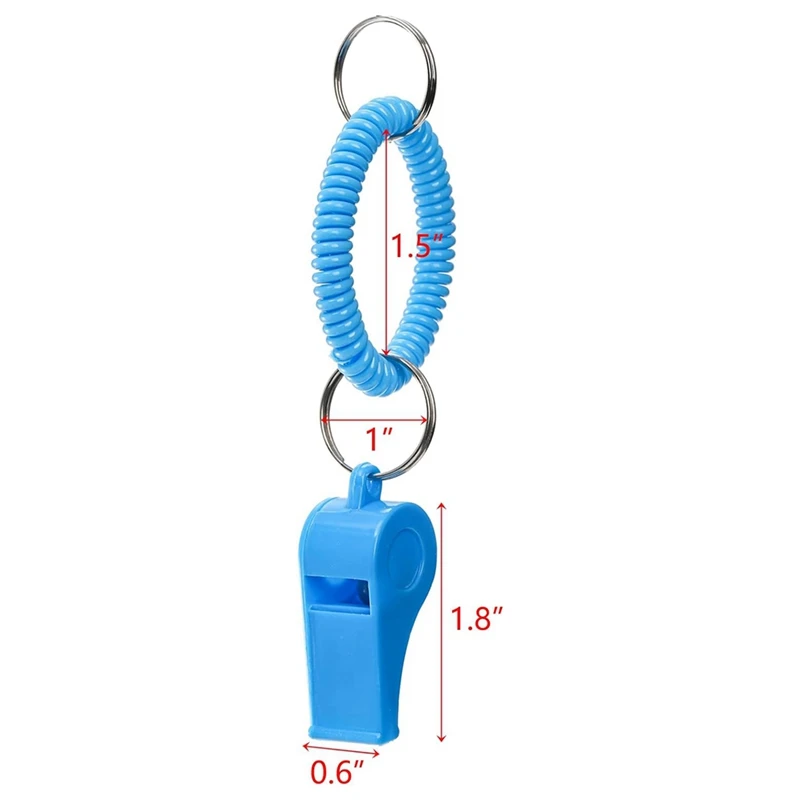 Pack Of 30 Plastic Sport Whistles With Coil Wrist Bracelet Attachments, Keychain Rings For Coaching And Officiating Duties.