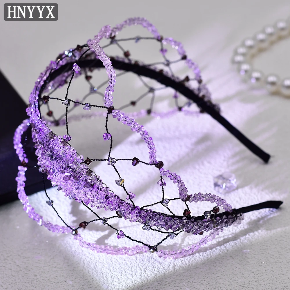 

HNYYX винтажная повязка на голову с кристаллами, широкие сетчатые аксессуары для волос, модные роскошные обручи для волос, фиолетовые обручи для волос, искусственная Праздничная деталь для волос A96