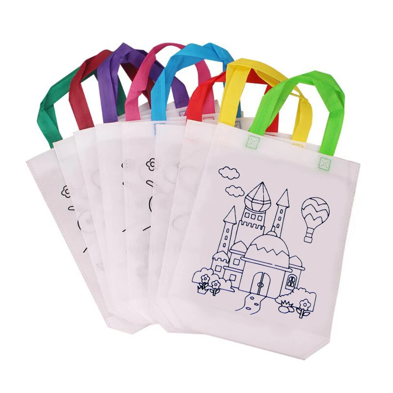 Graffiti Bags 5 Sets DIY Graffiti Bag with Markers Handmade Painting Non-Woven Bag for Children Arts Crafts Color Filling Drawing Toy