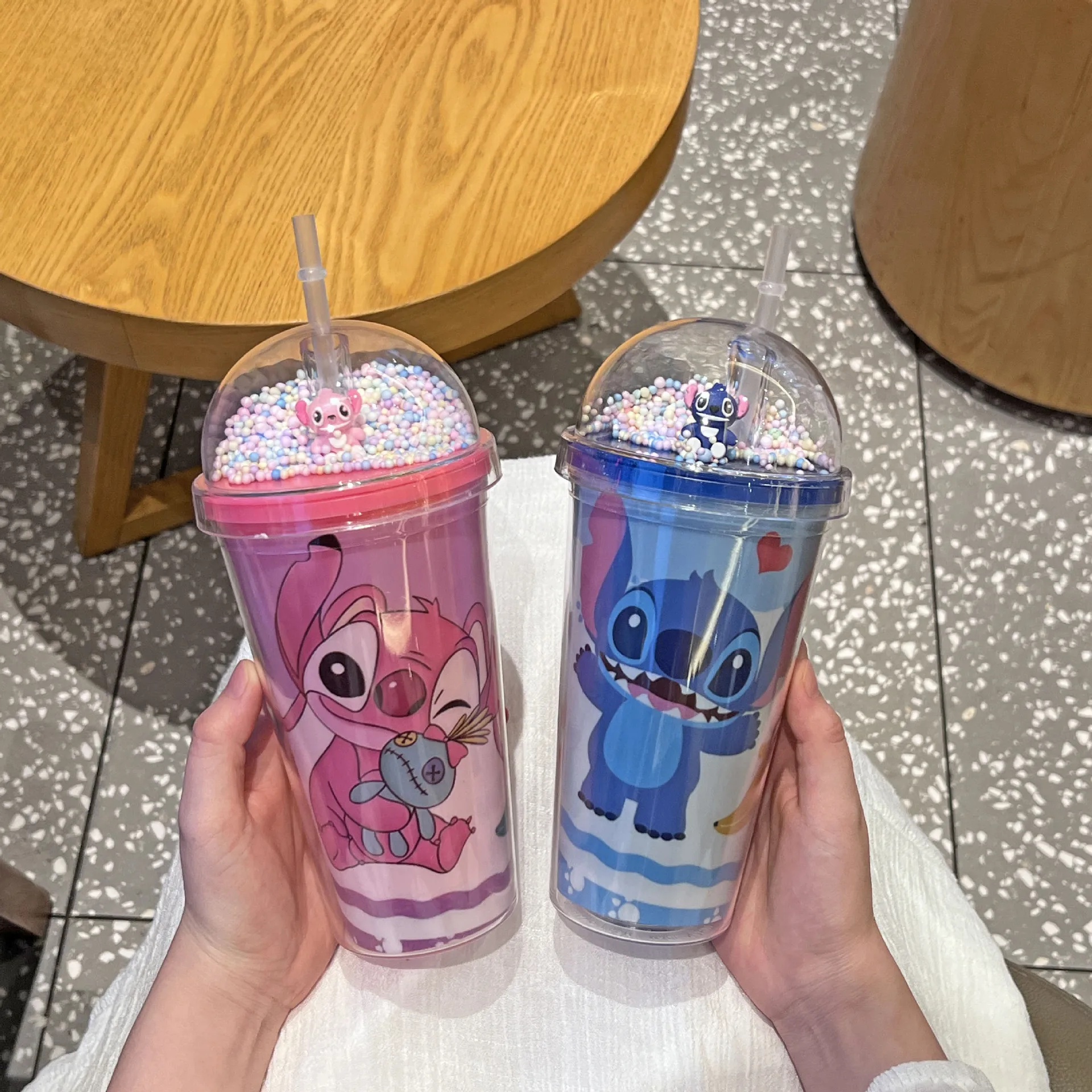 450ML Disney Lilo & Stitch Double Layer Plastic Water Cup With Straw Portable Creative Gift Mug For Milk Coffee Tea Handy Cup