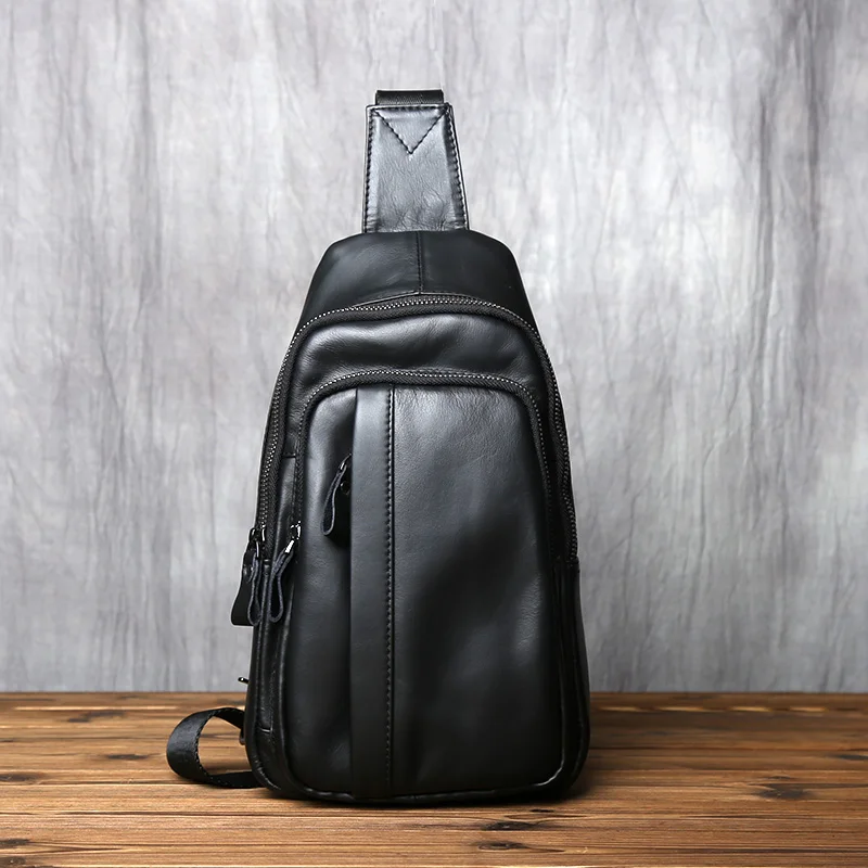 NZPJ Trendy Leather Men's Chest Bag Casual Shoulder Bag Natural Cowhide Messenger Bag Black Small Backpack For 8 Inch Tablet