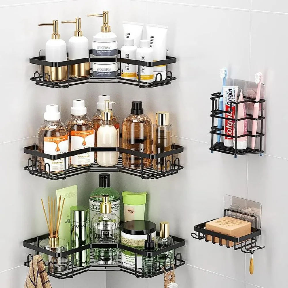 

5 Pack Shower Caddy Shelf Bathroom Shower Organizer Rack No Drilling Multifunctional Organizer,Self Adhesive Black Bathroom