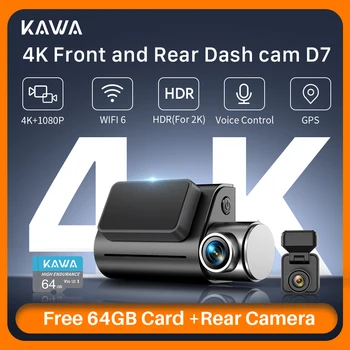 Dash cam anteriore e posteriore KAWA D7 4K, videoregistratore 4K WiFi6 telecamera per auto, DVR piccola telecamera posteriore per AUTO, Dashcam con controllo APP/vocale