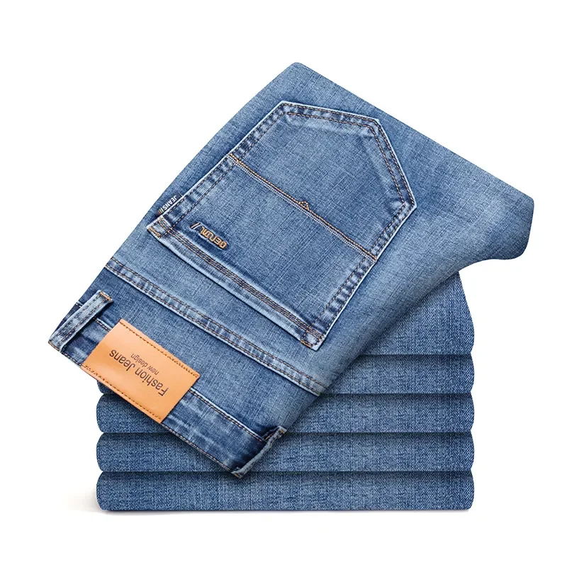 

2023 Spring Autumn New Men's Light Blue Regular Fit Midwight Casual Jeans Classic Style Stretch Denim Fabric Pants Male Brand