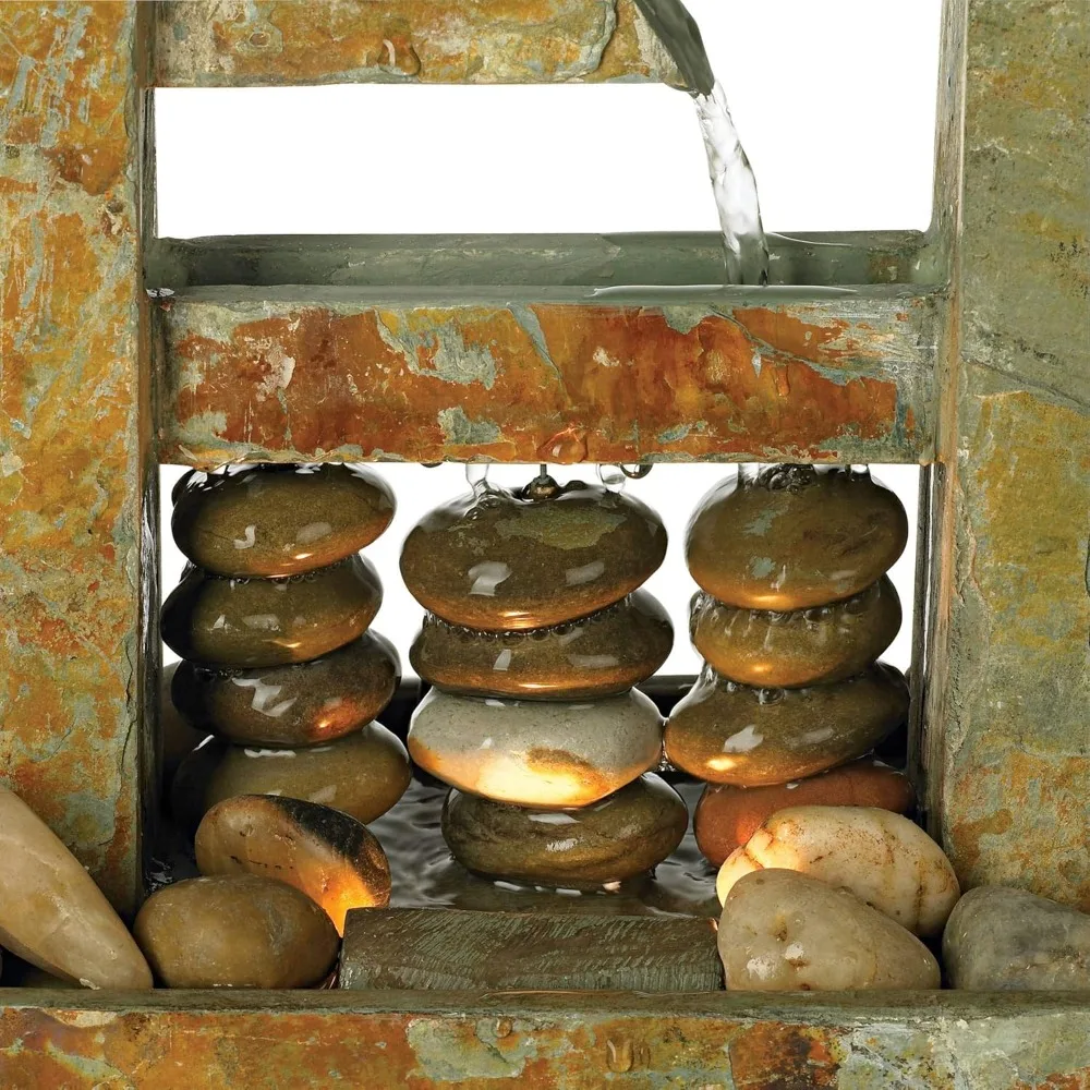 Modern Indoor Zen Waterfall Fountain with Light, Slate Stone Tabletop Decor for Desk Relaxation