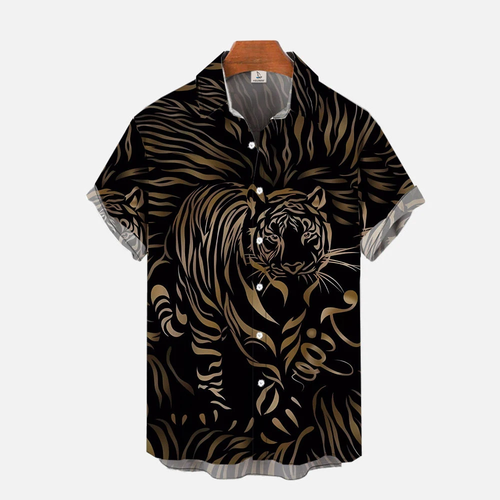 

High-end Black And Gold Cool Tiger 3D Print Culture Shirt Summer Men's Style Hawaiian Short Sleeve Shirt Fashion Men's Top