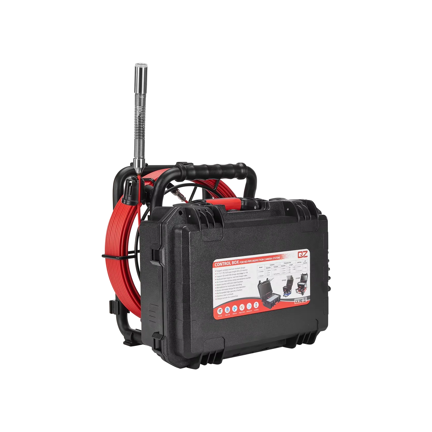 QYTeco 하수관 카메라 30m HD 13.3인치 1080P 512Hz 자동 수평 조절 파이프 검사 카메라 21mm 5.3mm 케이블 포함