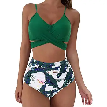 Hot 12 Colors Women Slim Bikini Sets High Waisted Sexy Swimwear 2 Pieces 2025 Solid/Floral Ruched Brazilian Swimsuit Cross Front 1