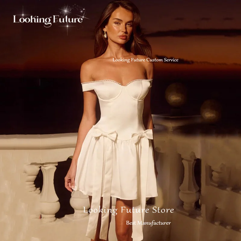 Boho Mini Satin Wedding Dress Simple Off Shoulder Sleeveless Pleat Bows Bride Dress Sexy Backless with Zipper Gowns Customized 13 Sd8006d1edcec47e99ea688c484eace5dK