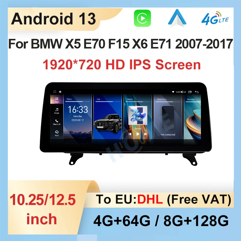 

10.25" / 12.3" Car Video Player Central Multimedia For BMW X5 X6 E70 E71 E72 Android 13 Auto Carplay Touch Head unit Screen 4G