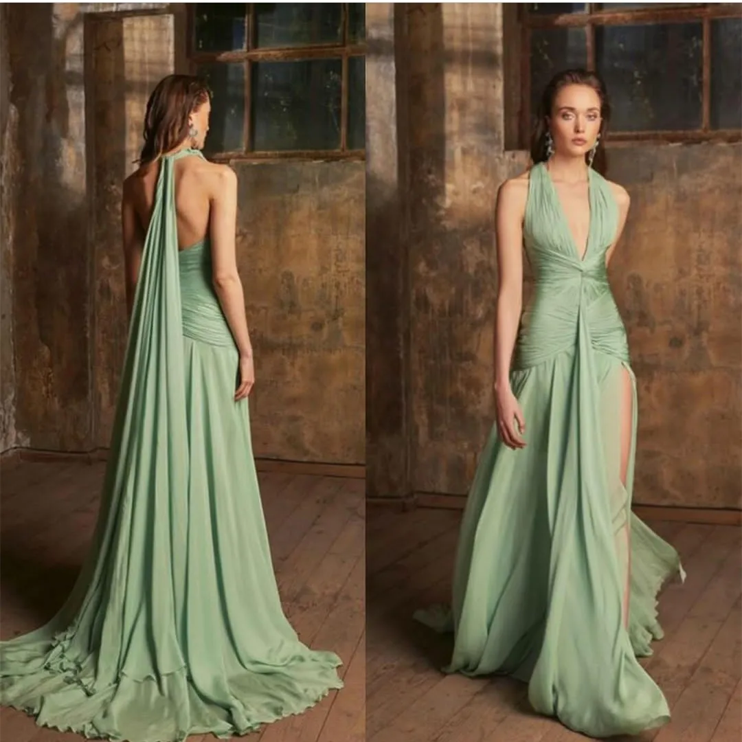 A-Line Floor-length V-neck Long Dress With Slit Chocolate