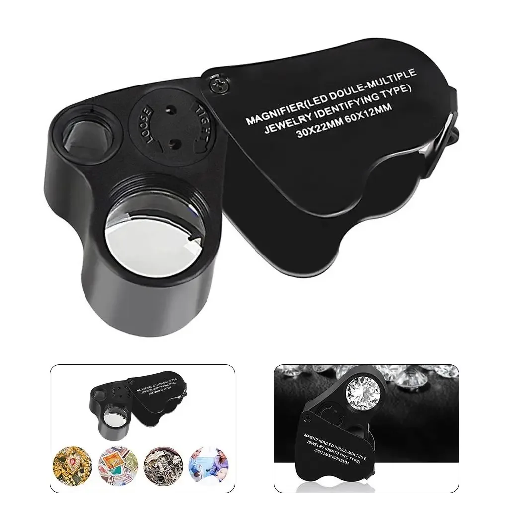 Jewelers Loupe Magnifier 30X 60X Illuminated Foldable With Bright LED Light For Gems Jewelry Coins Stamps