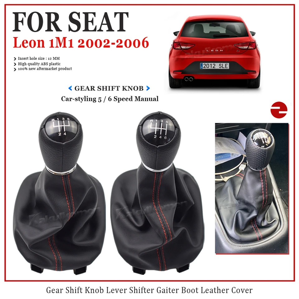 Pomo Palanca Cambios Seat Leon II Toledo III Altea XL 2005-2012 | Piel Sintética | Costuras Rojas