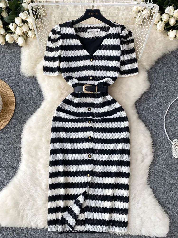 

French Vintage Striped Dress Women's Summer Korean Fashion Hollow Out Single-Breasted Design Elegant Long Dresses