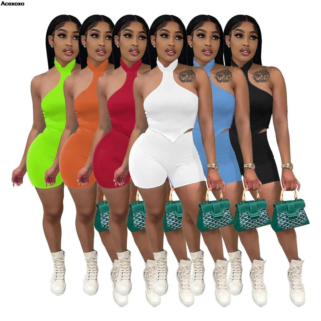 

Women's summer new solid color sexy halter short sleeve shorts women two sets