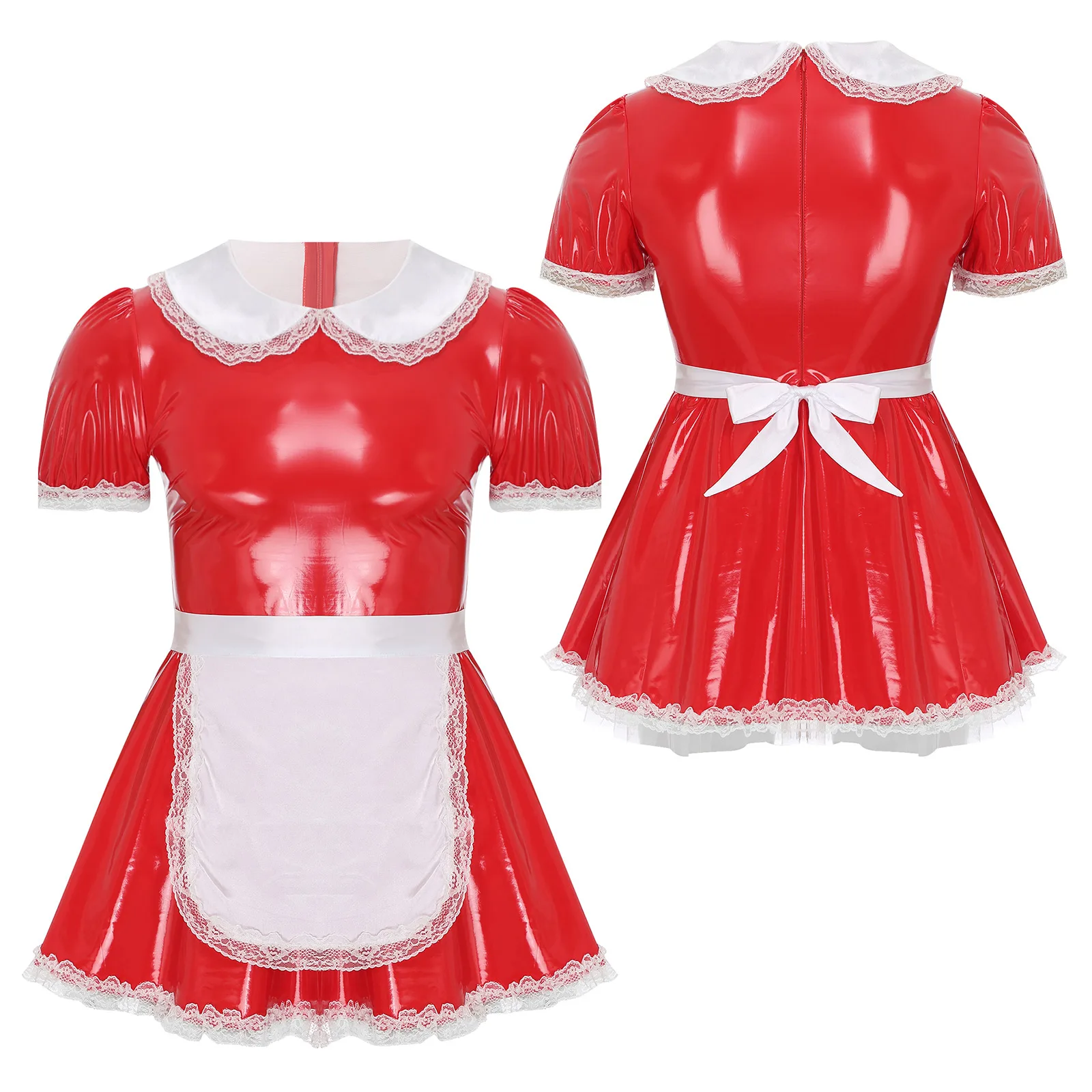 Men Sissy Servants Maid Cosplay Costume Puff Sleeve Ruffle Lace Patent Leather Dress with Apron Crossdresser Rave Party Clubwear