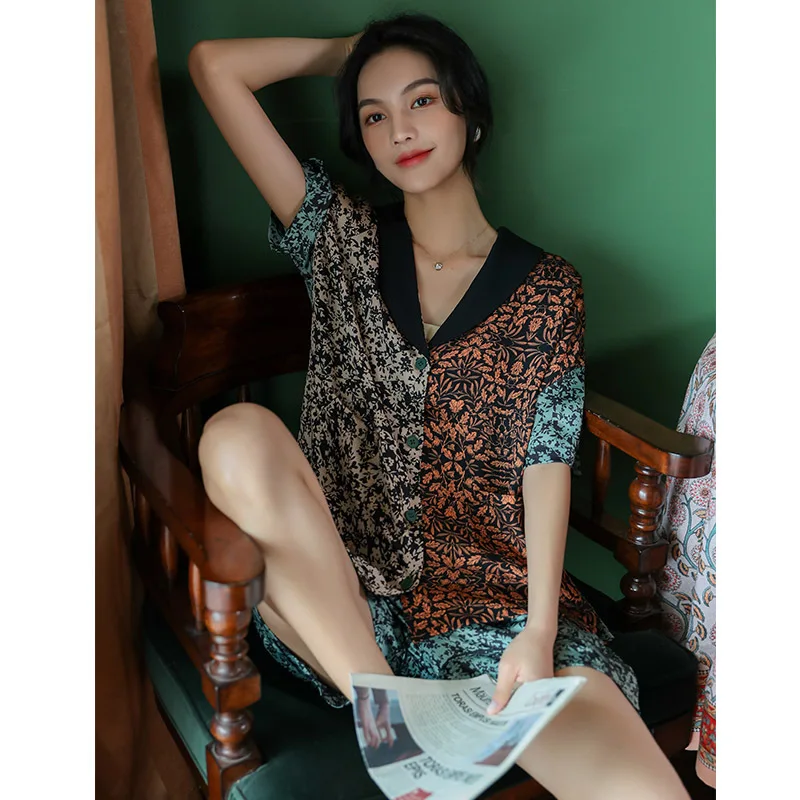 Floral pajamas women's shorts short-sleeved two-piece new fashion women pijama  سكسي نيك