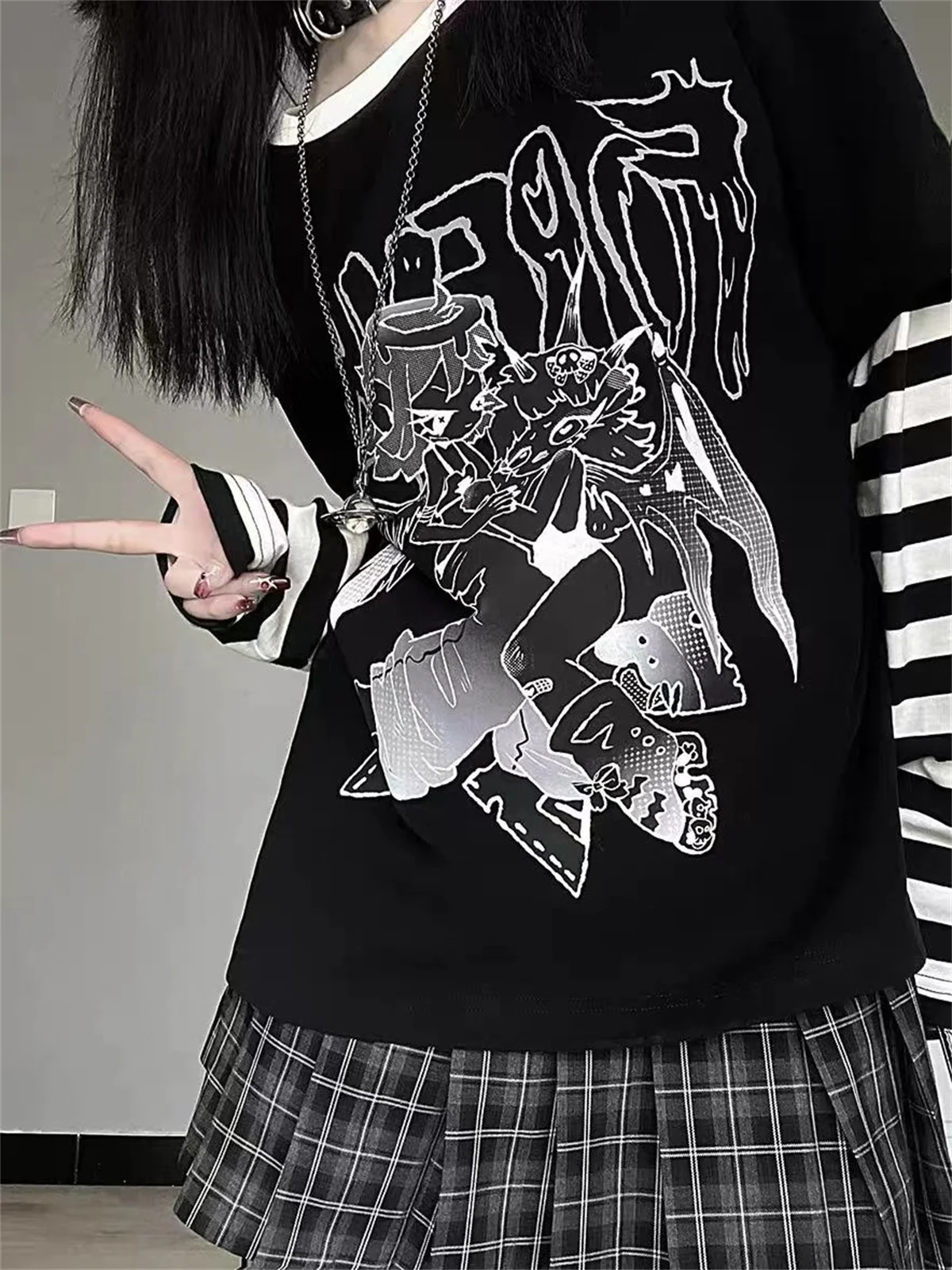 Mode Streifen Druck T-shirts Basic Tee Casual Übergroßen Patchwork Tops Langarm Gefälschte Zwei Stück Gestreiften T-shirt Tees Kleidung – Detail 3