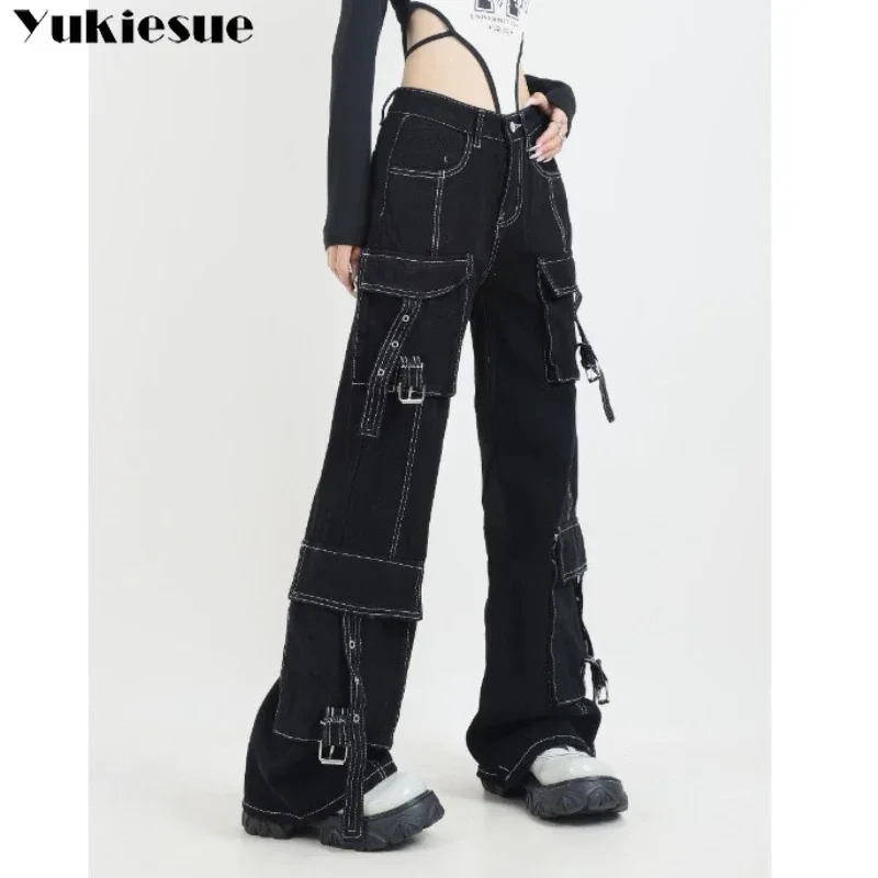 

New Streetwear Denim Pants Gothic Clothes Pockets Straight Wide Leg Trousers Baggy Jeans Women Cargo Pants Vintage High Waist